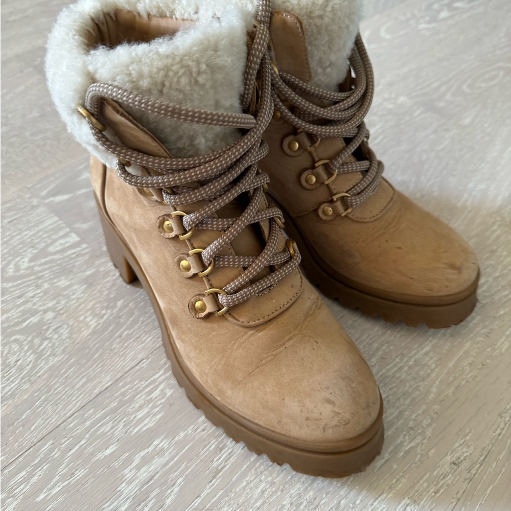 M.Gemi size 8 Alpi beige suede shearling lace-up heeled boots